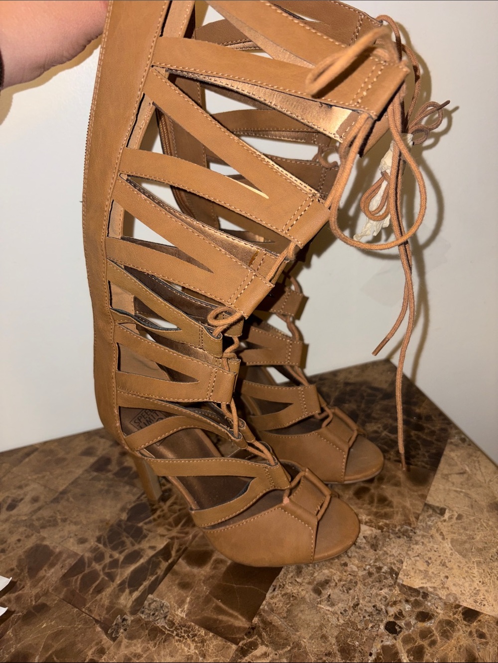 Speed Limit 98 Tan Strappy Lace-Up High Heel Gladiator Sandals